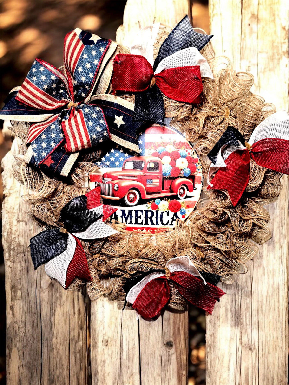 Burlap Red Truck Wreath, Americana Farmhouse Decor, Fourth of July Floral Accent