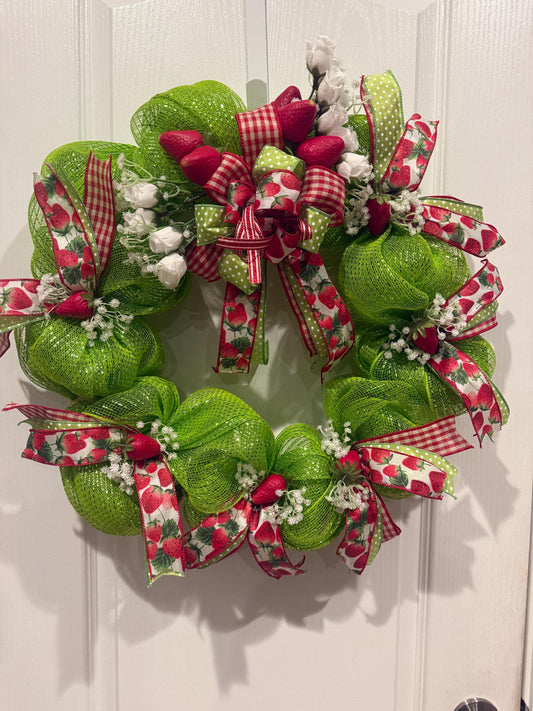 Strawberry Deco Mesh Wreath, Lime Green Front Door,  Berry Decor, Red Gingham