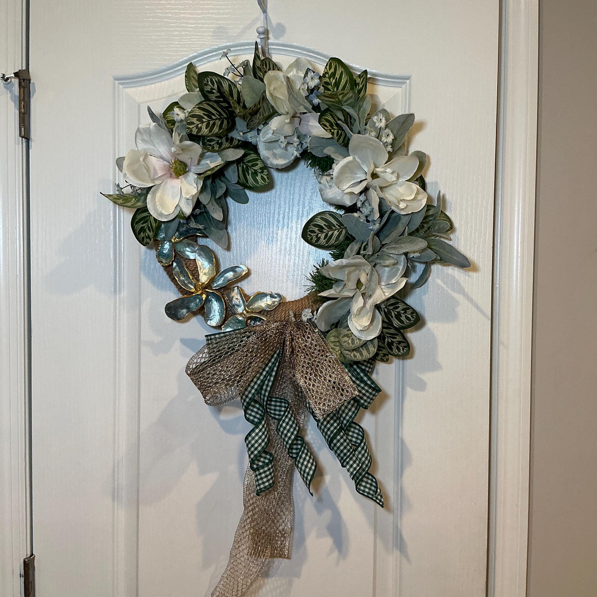 White Magnolia Wreath, Green Gingham Bow, Year-Round Farmhouse Door Decor