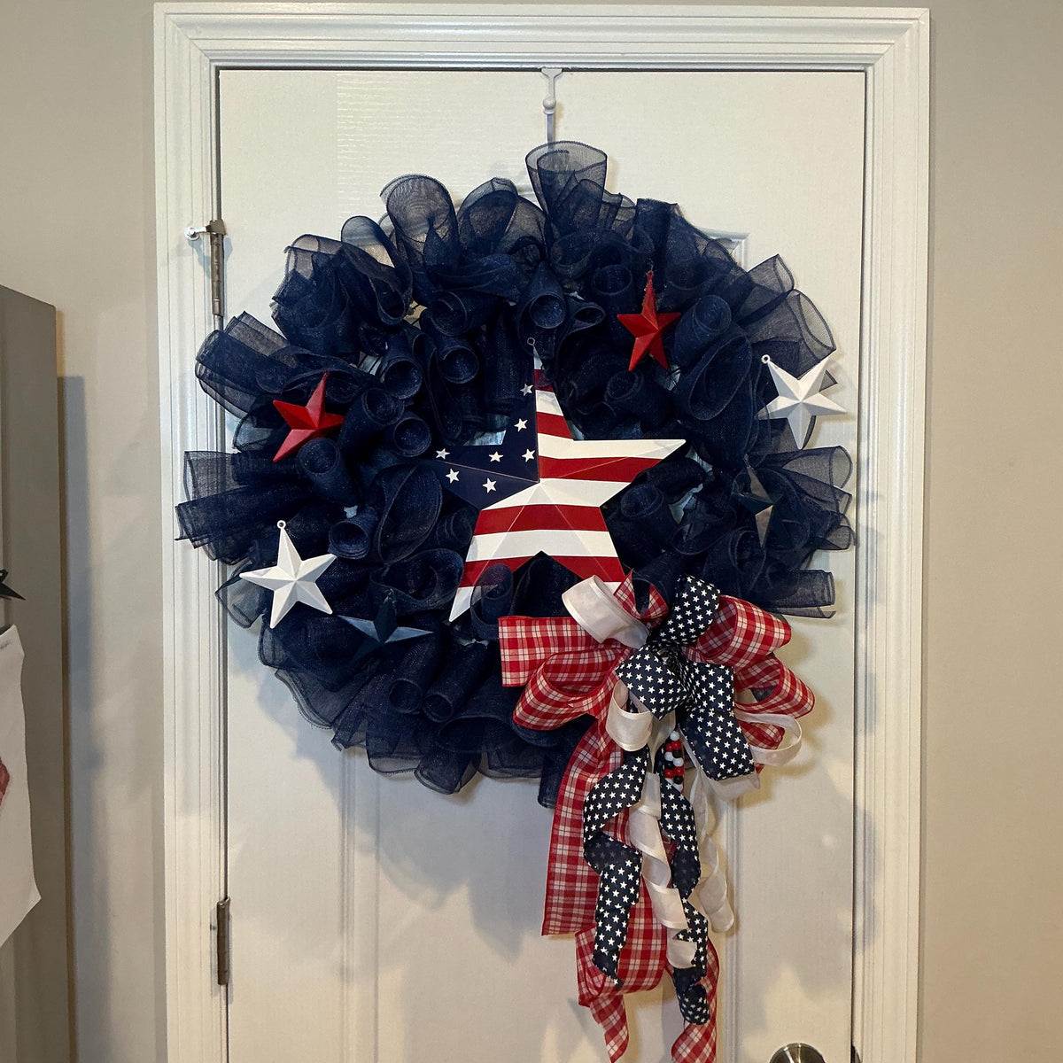 Navy Blue Americana Wreath, 4th of July Wreath for Front Door, Flag Star Sign, Metal Stars, Red Gingham Bow