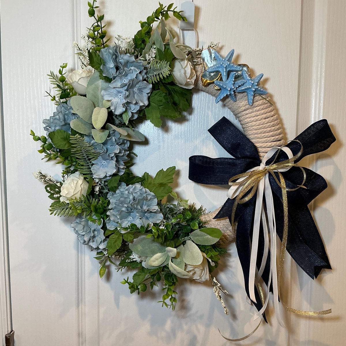 Oyster Shell Coastal Rope Wreath with Blue Hydrangea and Starfish, Nautical Door Decor