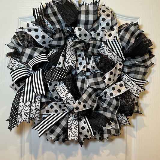 Polka Dot Ribbon Wreath, Black White Buffalo Check Farmhouse Decor, Year Round Front Door Wreath, Modern Handmade Gift
