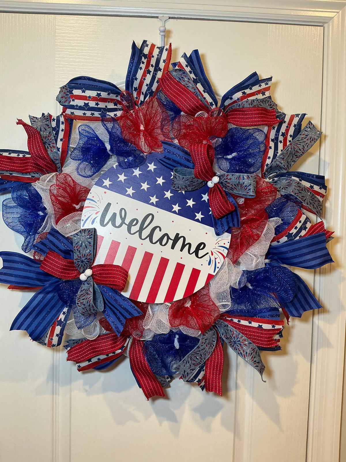 Handmade Americana Wreath, American Flag Welcome Sign, Red White Blue Decor