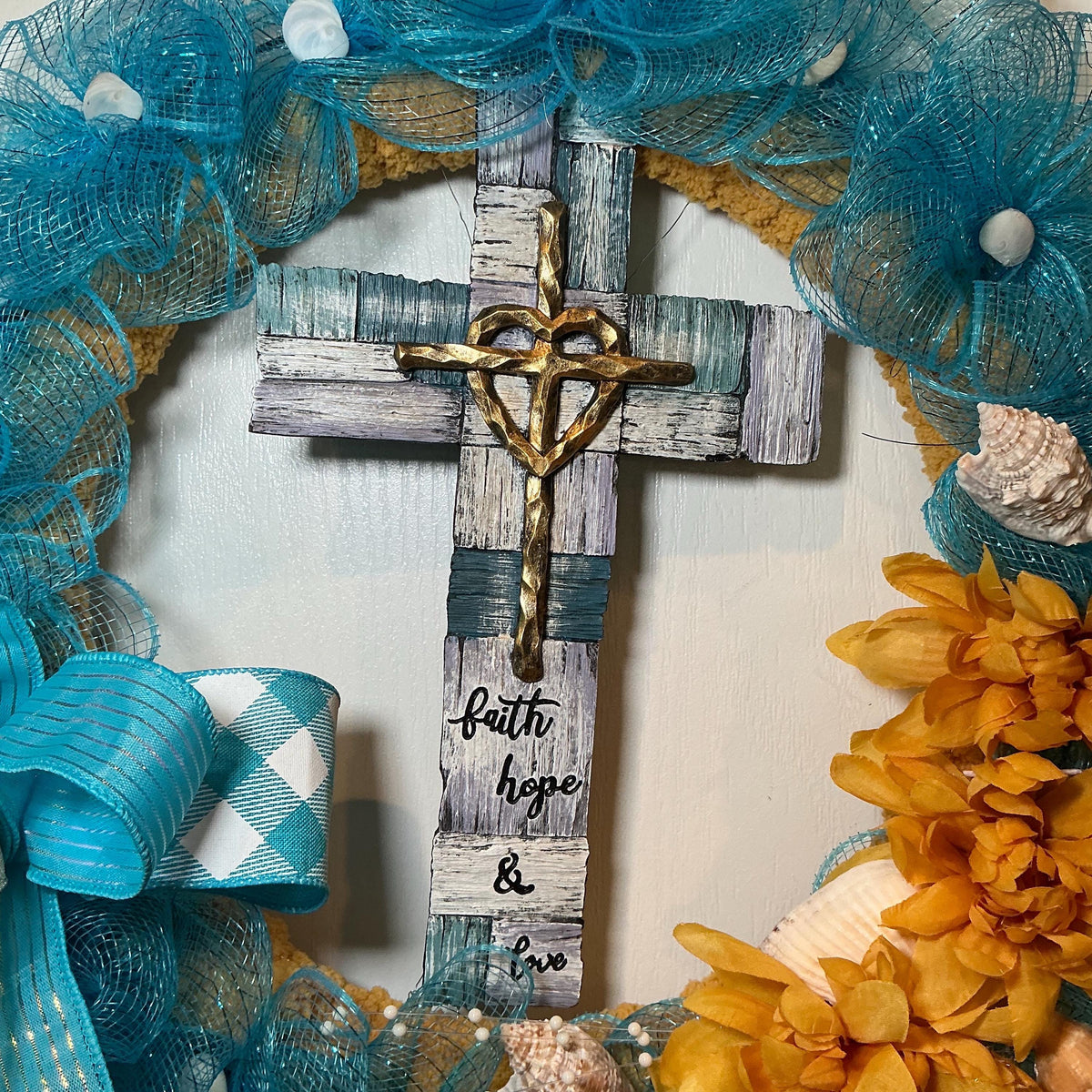 Coastal Faith Wreath, Turquoise Beach Cross Decor, Faith Hope Love Seashell Religious Door Decor.