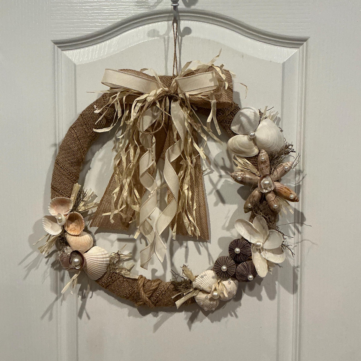 Seashell Wreath, Coastal Farmhouse Style, Pearl Accents, Burlap Raffia Door Decor
