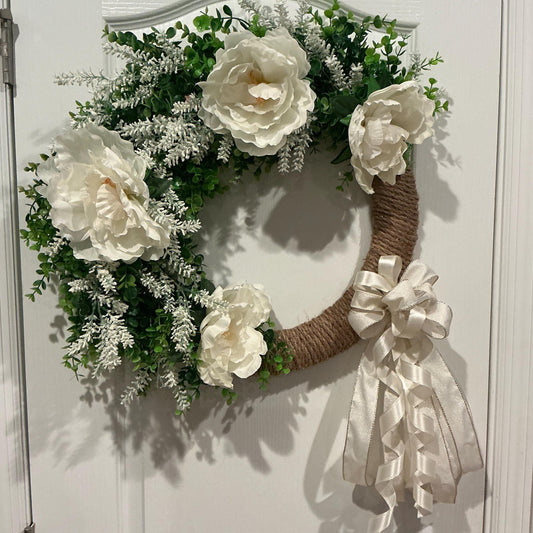 White Peony Wreath, Boxwood Ivory Bow Bridal Decor, Wedding Front Door Multi Purpose Elegance