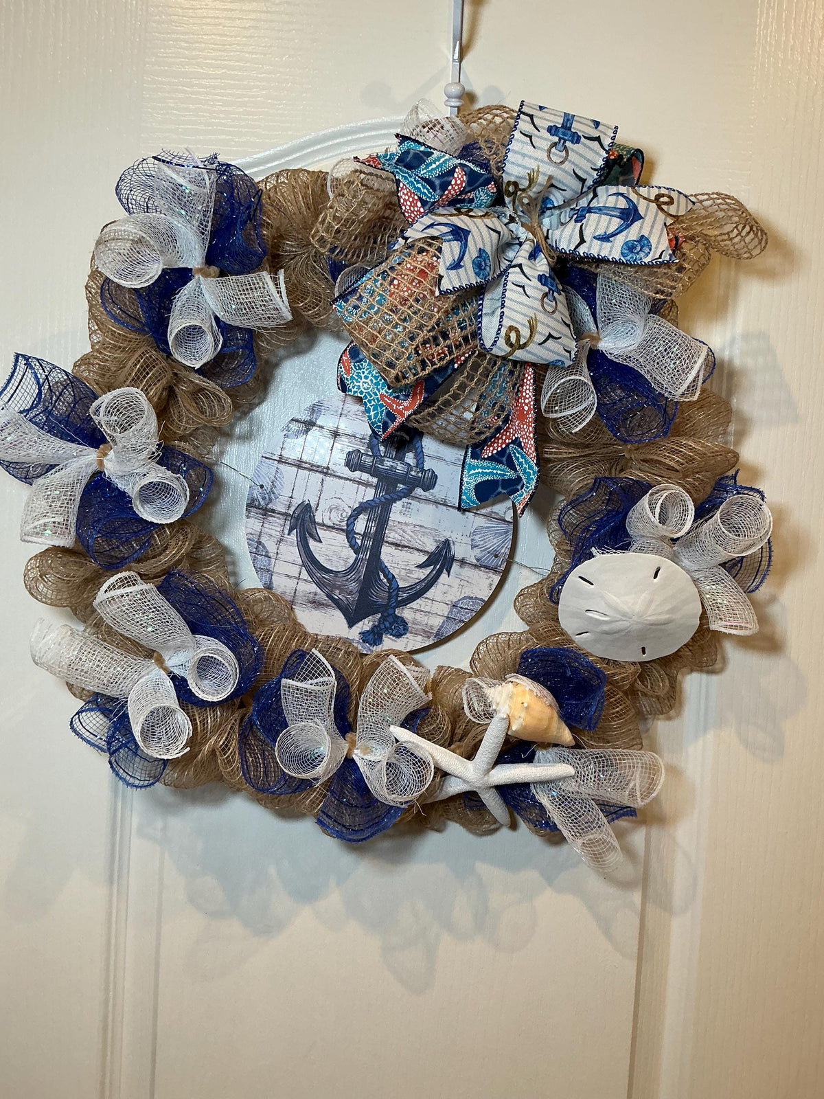 Coastal Anchor Wreath with Starfish and Sand Dollar, Navy Blue Nautical Door Decor