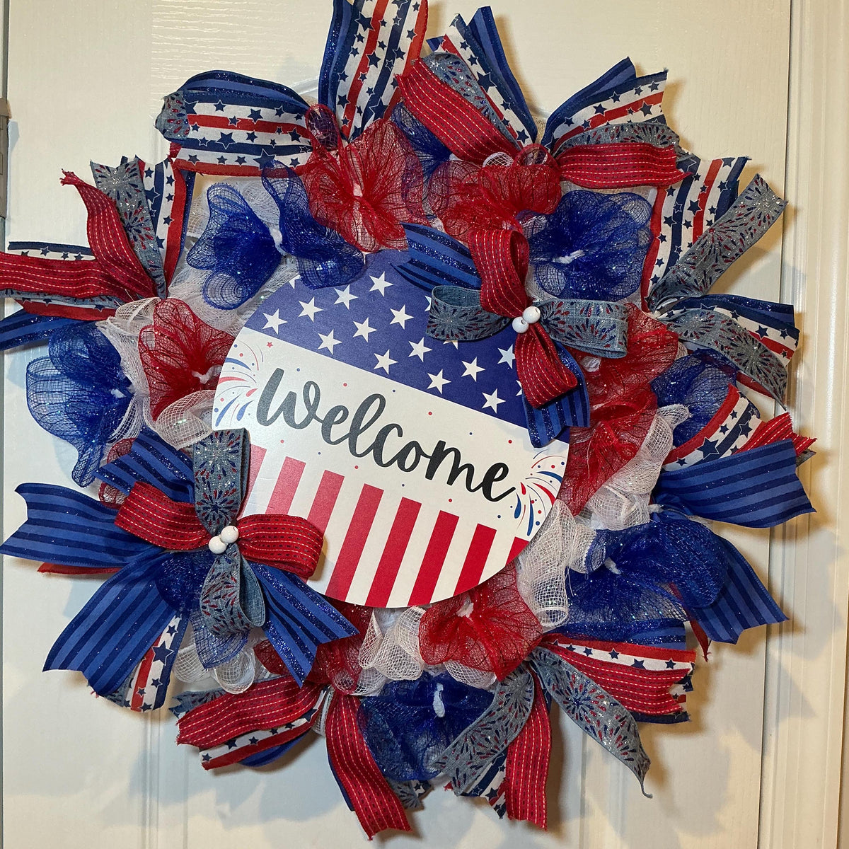Handmade Americana Wreath, American Flag Welcome Sign, Red White Blue Decor