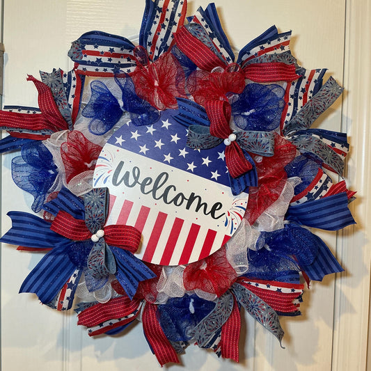 Handmade Americana Wreath, American Flag Welcome Sign, Red White Blue Decor