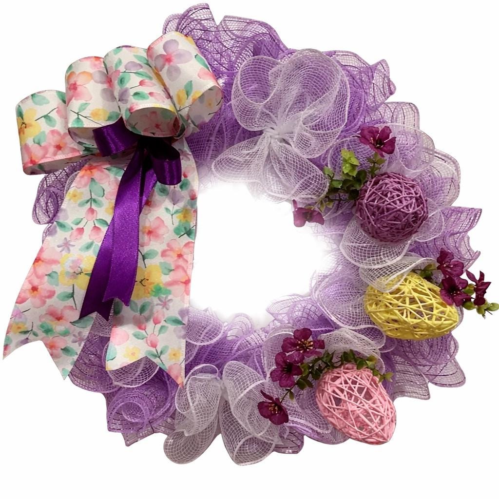 Purple Easter Wreath, Floral Bow, Spring Door Decor, 14 inch