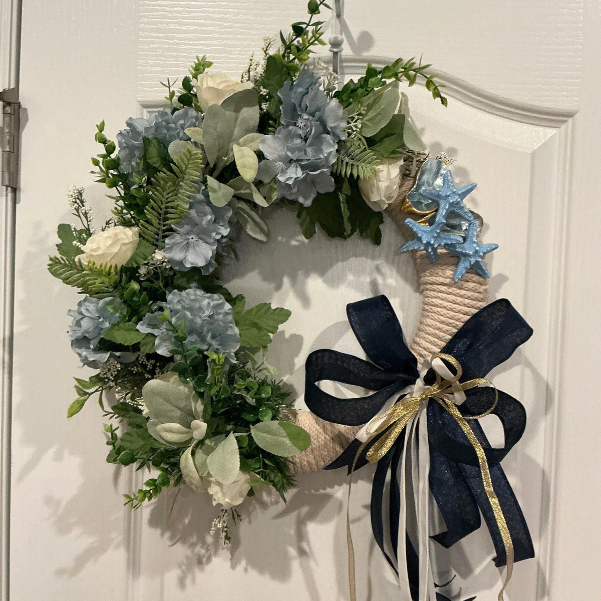 Oyster Shell Coastal Rope Wreath with Blue Hydrangea and Starfish, Nautical Door Decor