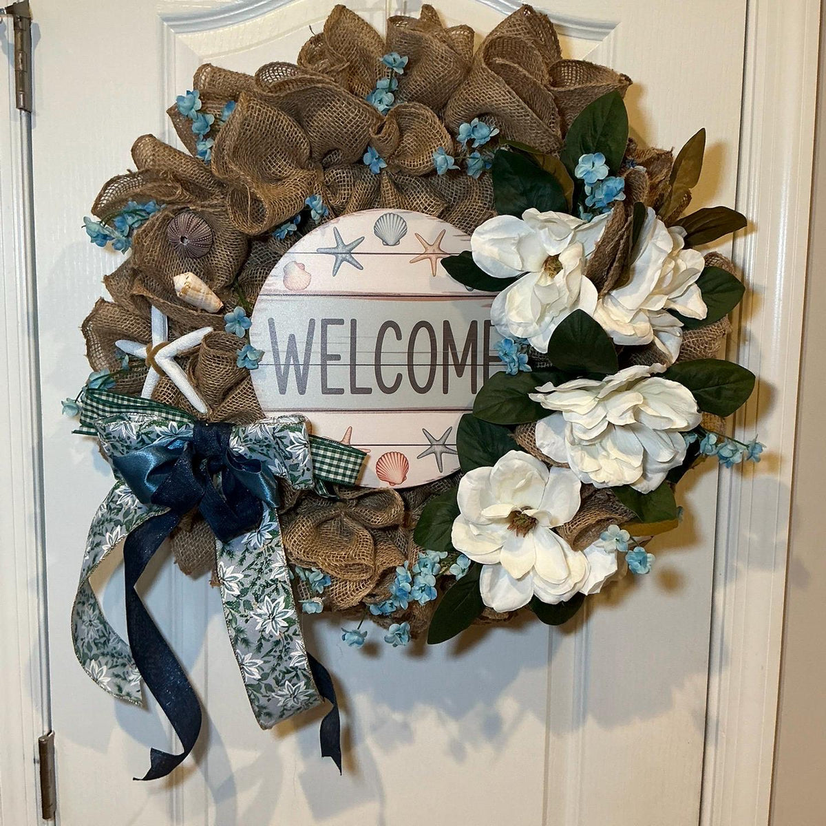 Magnolia Coastal Burlap Wreath, Seashell Starfish Welcome Sign, Beach House Decor