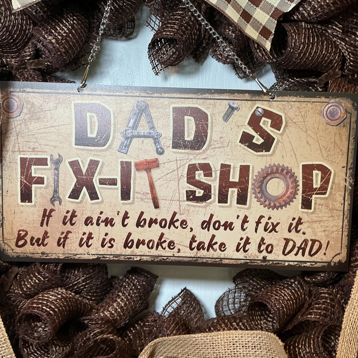 Fix-It Shop Sign Wreath, Dad’s Workshop Father’s Day Man Cave Decor, Handmade Brown Buffalo Check