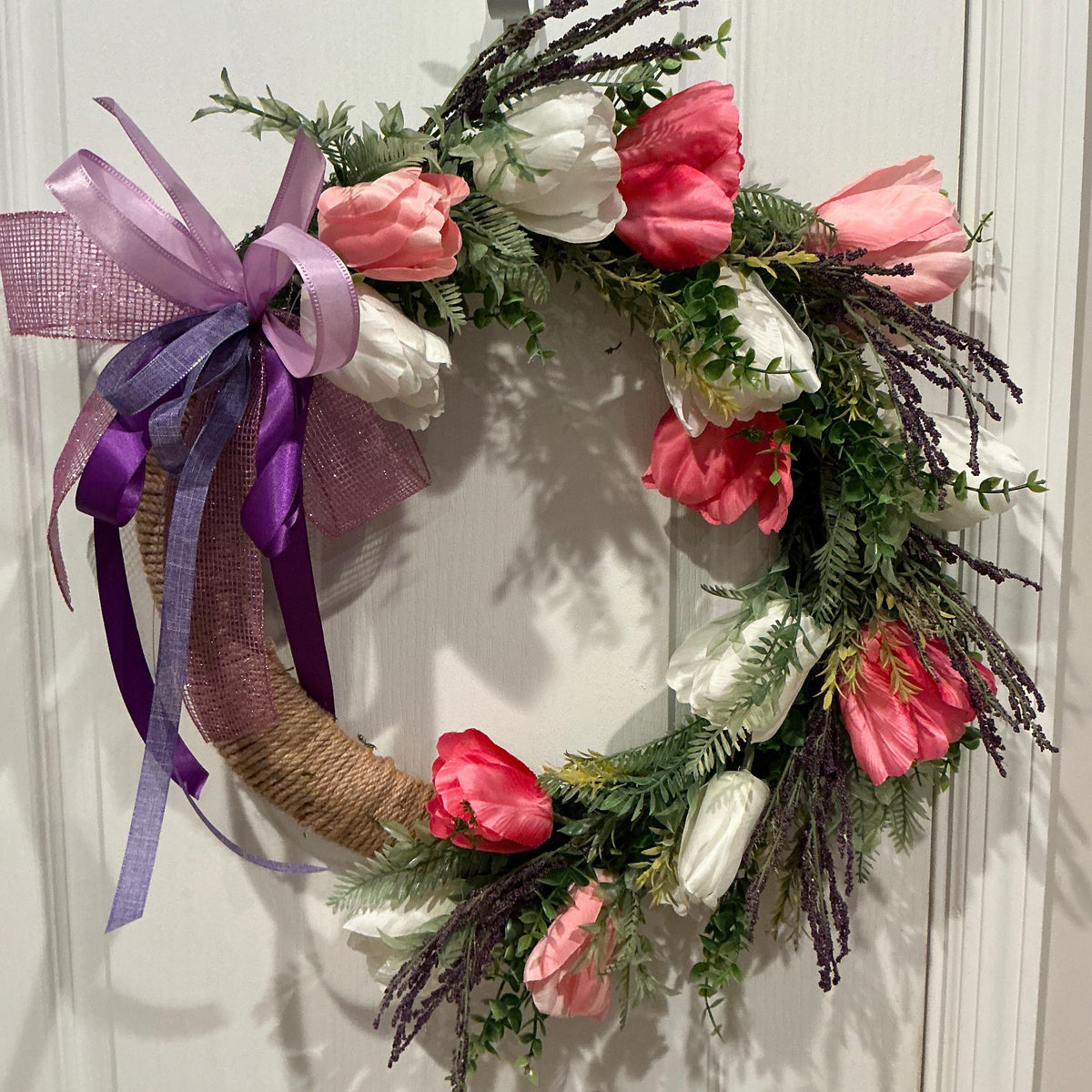 Handmade Tulip Wreath, 18 Inch Pink White Lavender Farmhouse Decor, Purple Ribbon Bow
