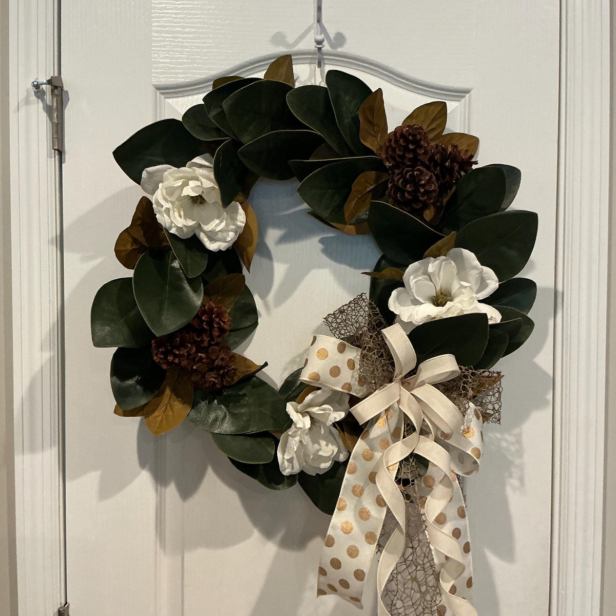 Magnolia Farmhouse Wreath, Everyday Front Door Decor, White Floral Pinecone Wreath, Rustic Year Round Accent, 18 Inch Door Wreath