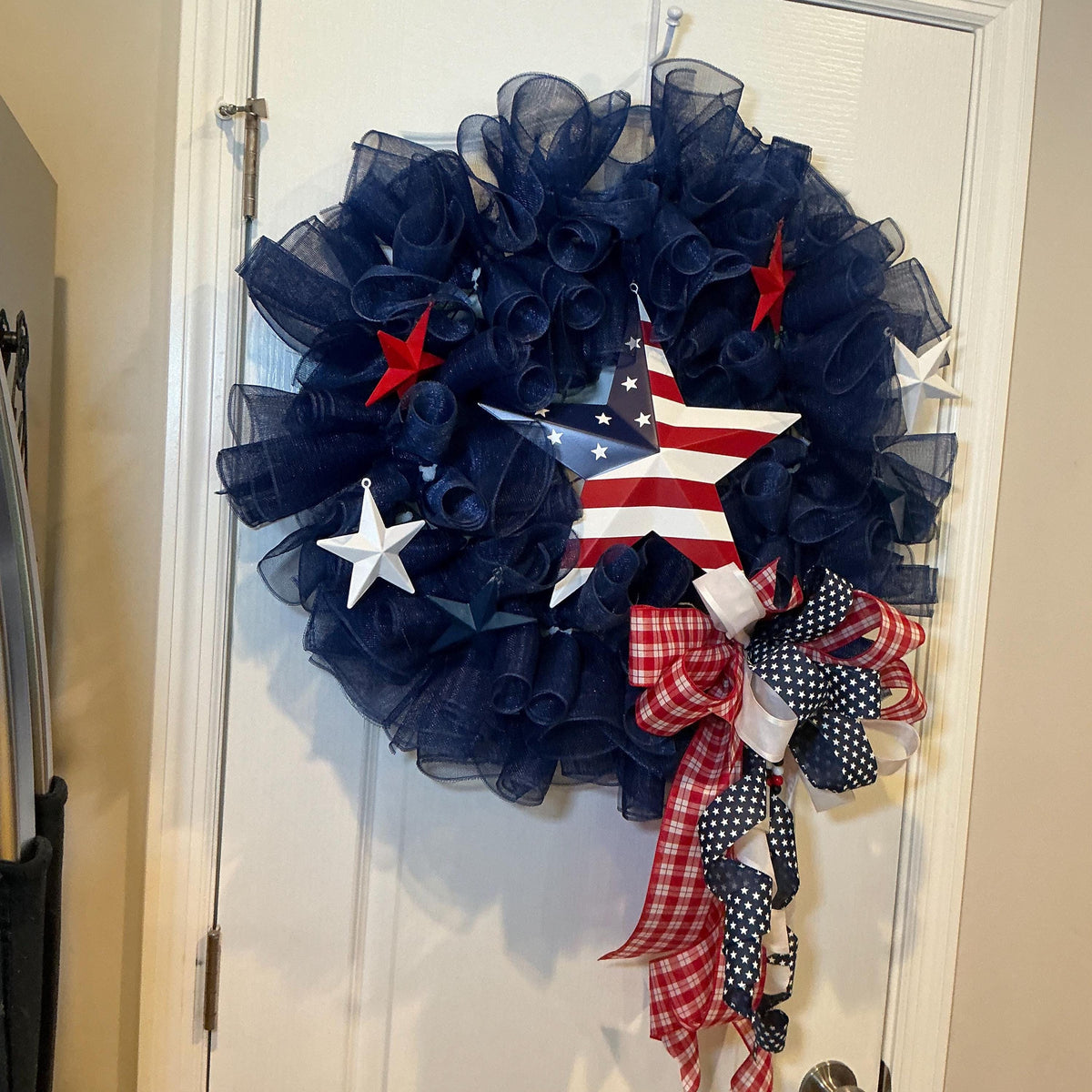 Navy Blue Americana Wreath, 4th of July Wreath for Front Door, Flag Star Sign, Metal Stars, Red Gingham Bow