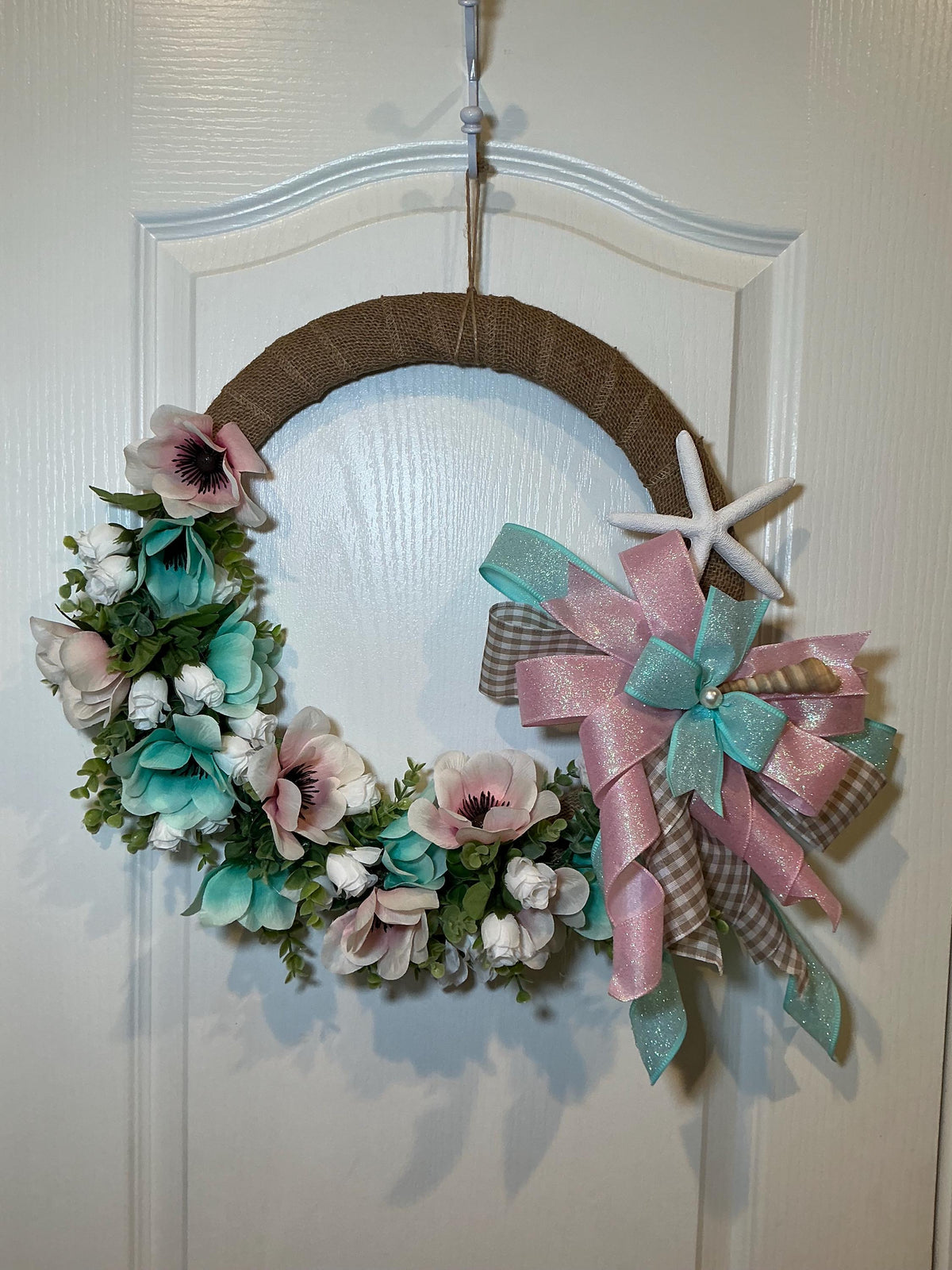Blush Pink Aqua Coastal Wreath, Burlap Beach House Starfish, Spring Summer Front Door Wreath