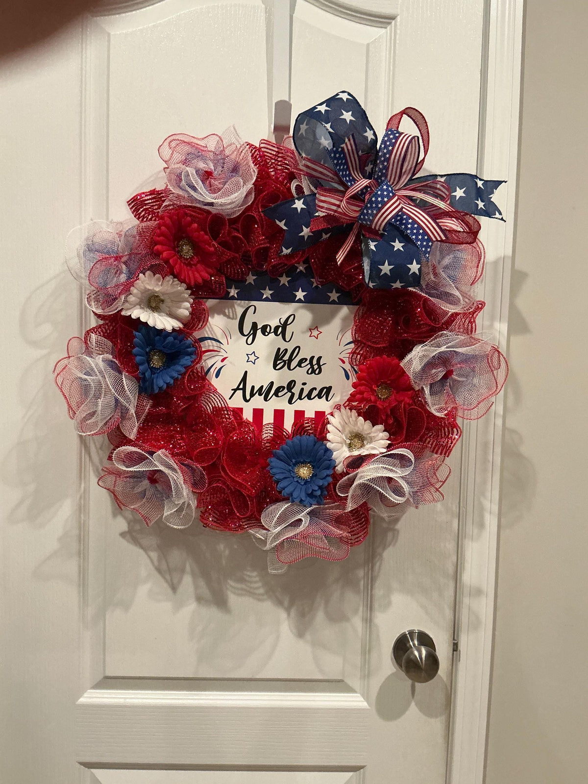 Americana Wreath, God Bless America, Red White Blue Gerber Daisies, 18 Inch Home Decor