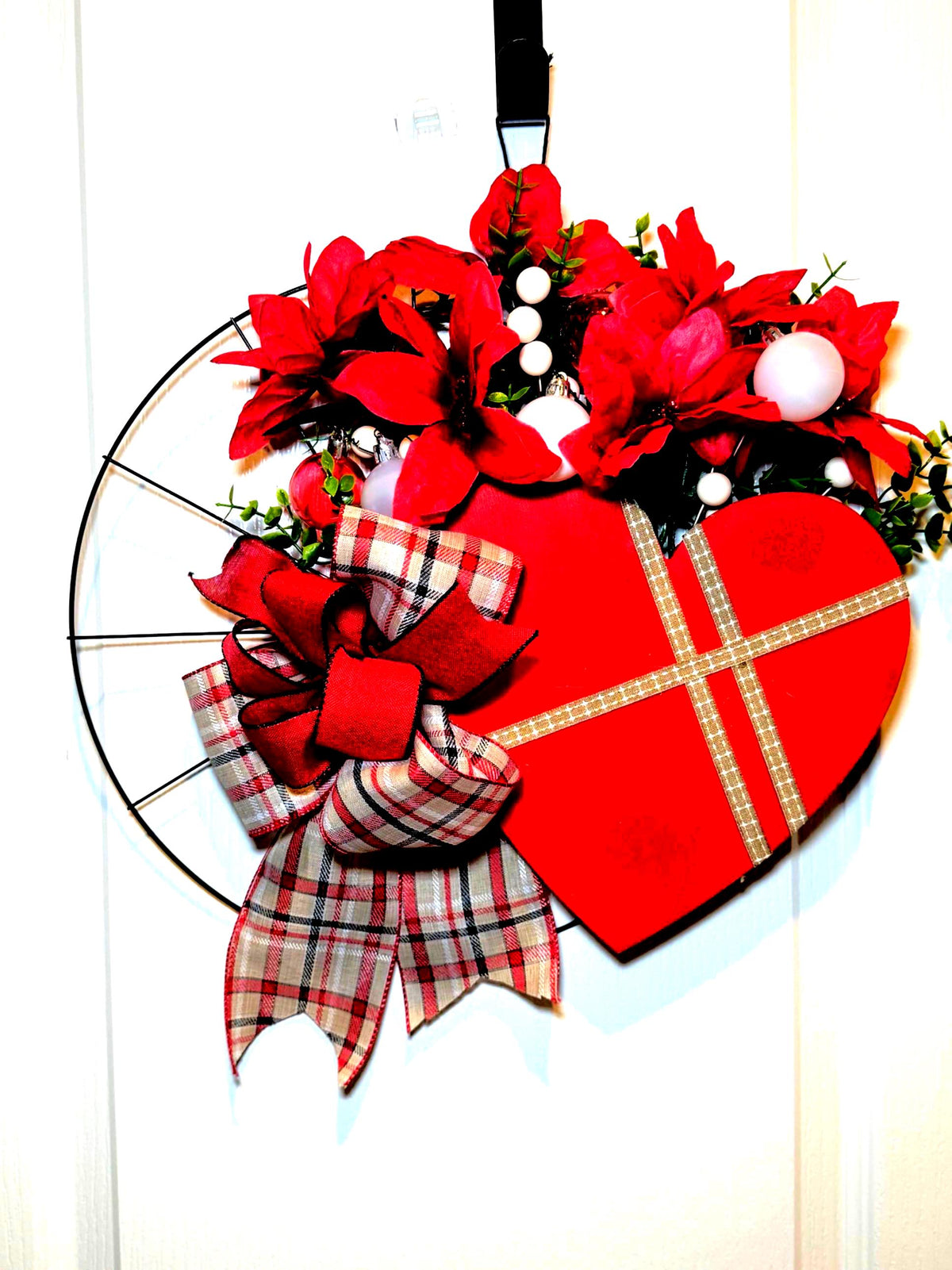 Farmhouse Valentine Heart Wreath, Red Plaid Bow, Berry Accents