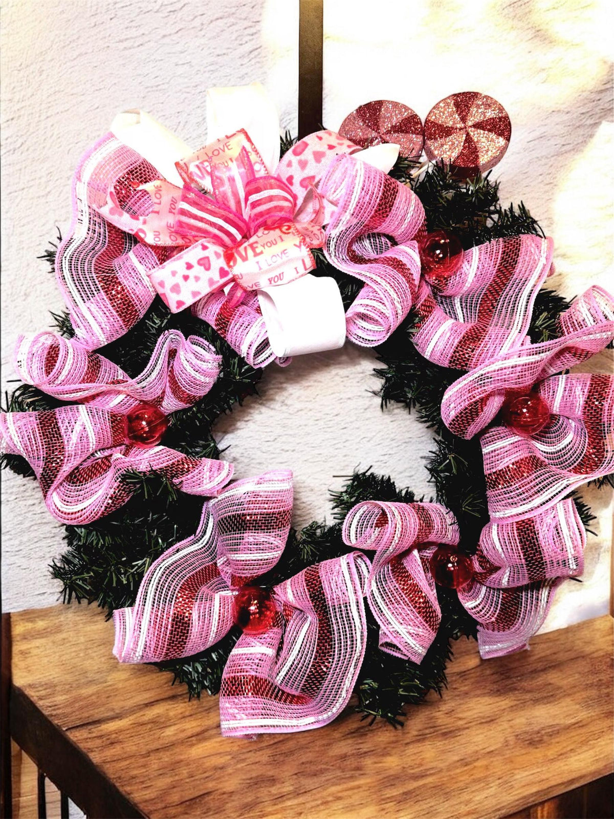 Valentine’s Day Candy Wreath, Sweetheart Conversation Heart Door Decor , Pink and Red Valentine Front Door Hanging Wreath