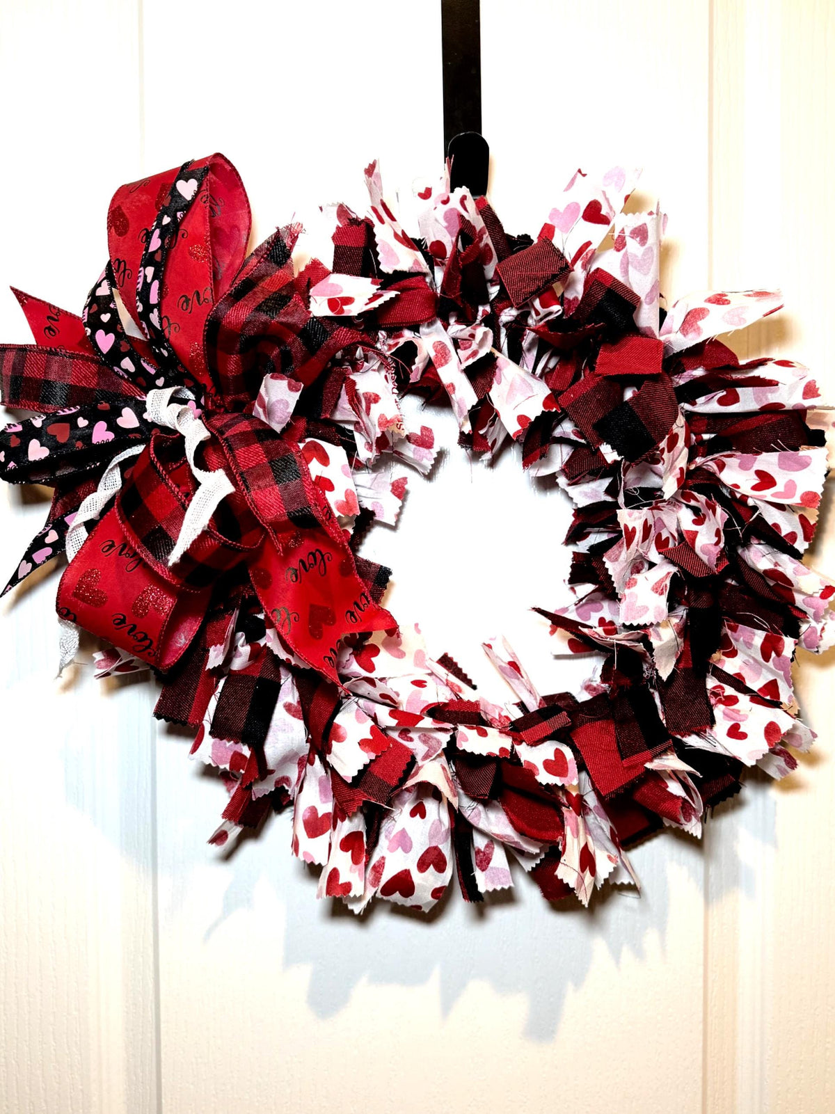 Buffalo Plaid Fabric Rag Wreath, Red Plaid Rustic Farmhouse Front Door Decor