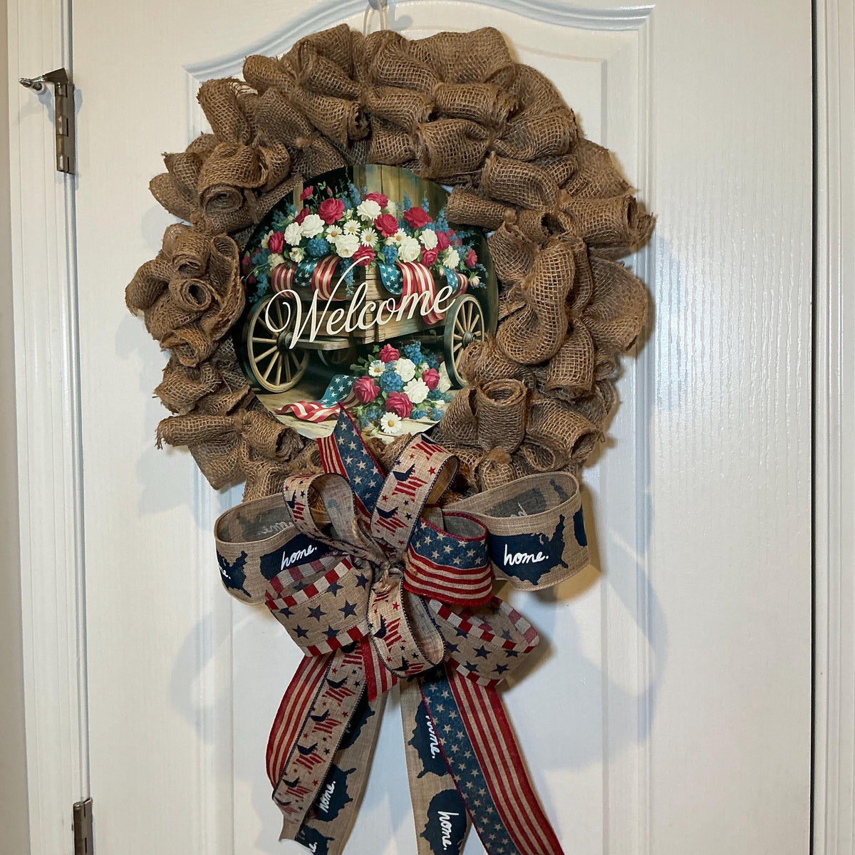Wagon Wheel Welcome Sign Wreath, Burlap Patriotic Front Door Decor, Red White Blue Floral Rustic Fourth of July