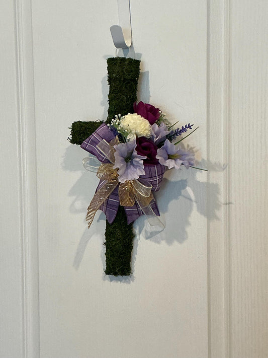 Moss Covered Cross Wreath, 17 x 8 Inch Christian Front Door Wall Decor