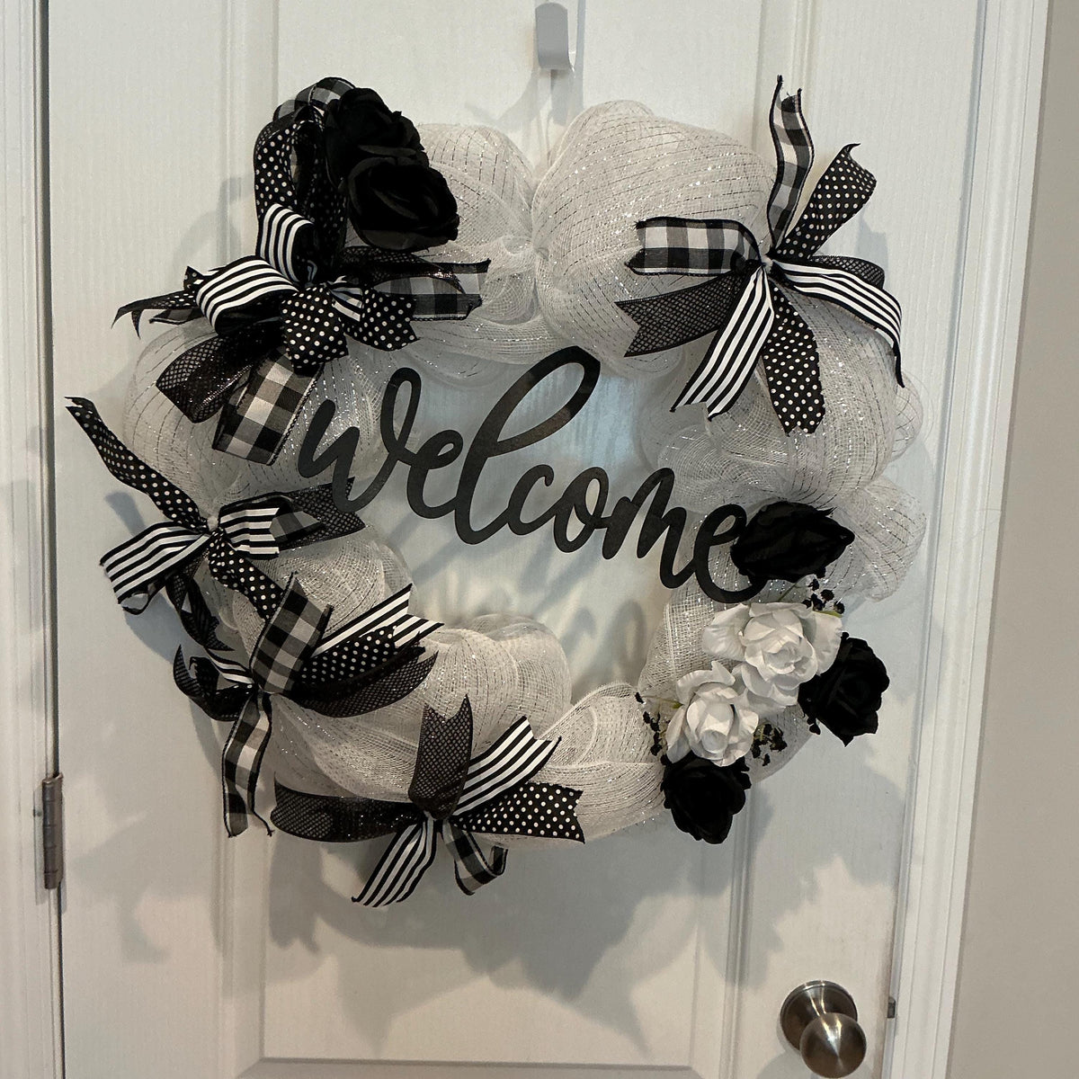 Welcome Black White Wreath, Buffalo Plaid Roses, Farmhouse Door Decor