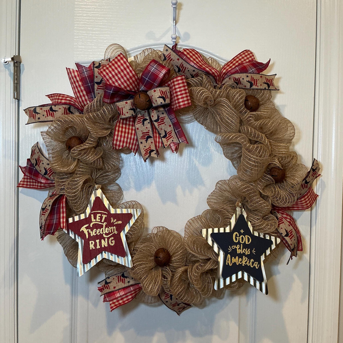 Rustic Americana Front Door Wreath, Fourth of July Wreath, God Bless America, Let Freedom Ring, Burlap Farmhouse, Jingle Bells, 18 Inch