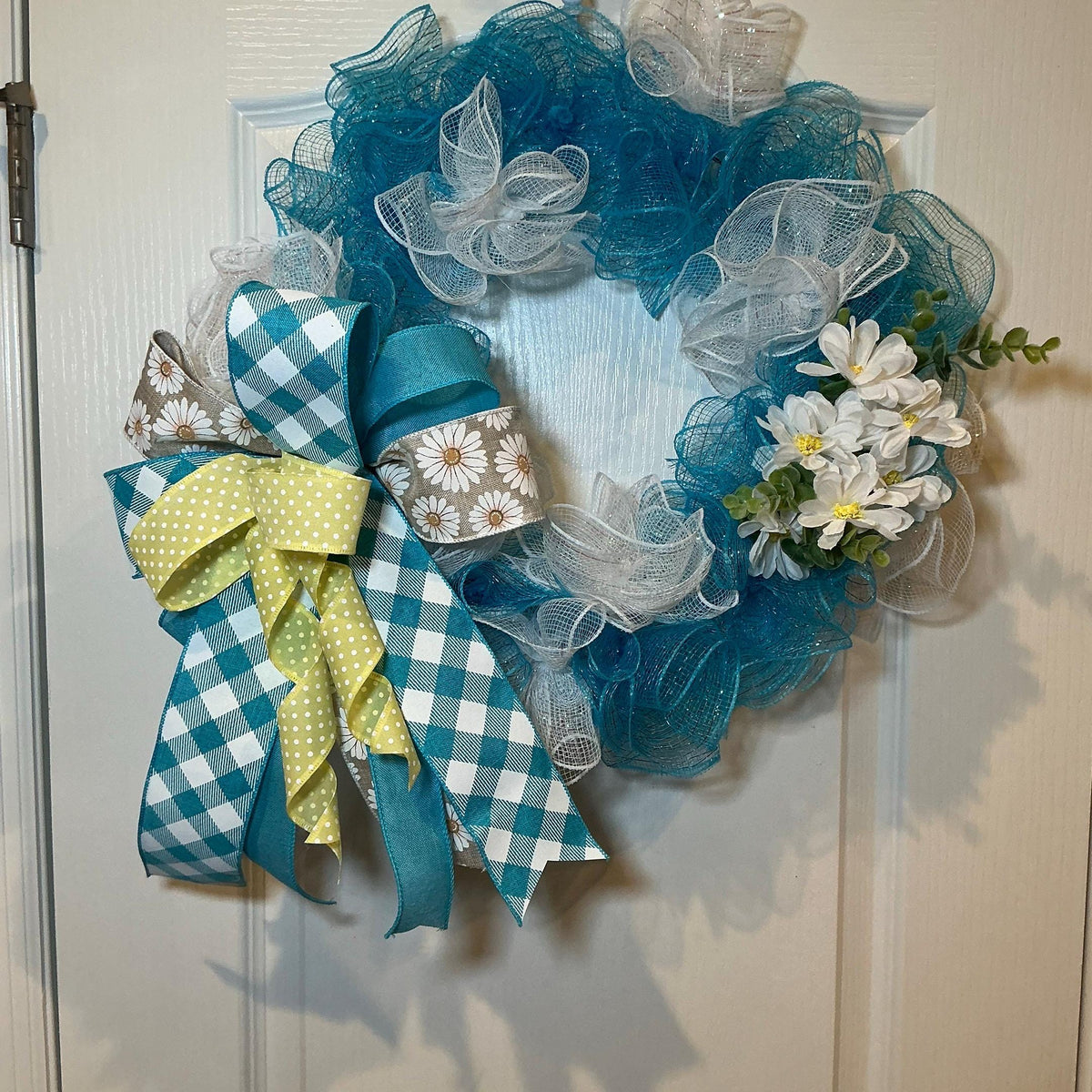 Daisy Wreath, Teal Front Door Decor, Farmhouse Style Wreath, Housewarming Gift, Handmade