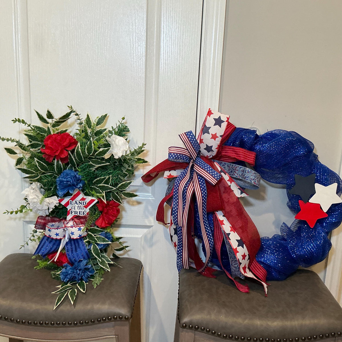 Americana Bundle Set of 2, Land of the Free Americana Swag and Blue Star Wreath, Fourth of July Decor, Red White Blue Handmade Gift