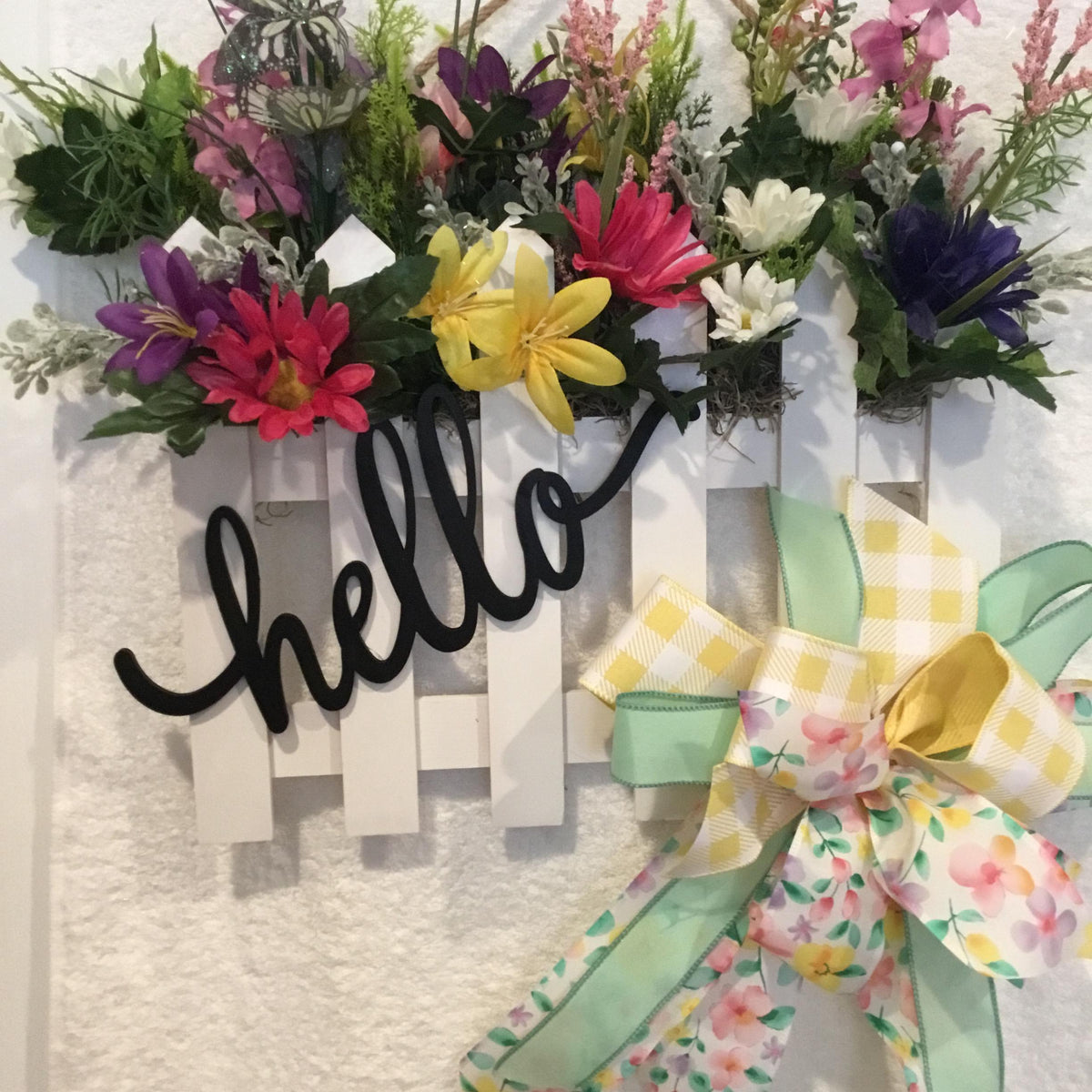 Hello Spring Picket Fence Door Hanger with Florals and Gingham Bow