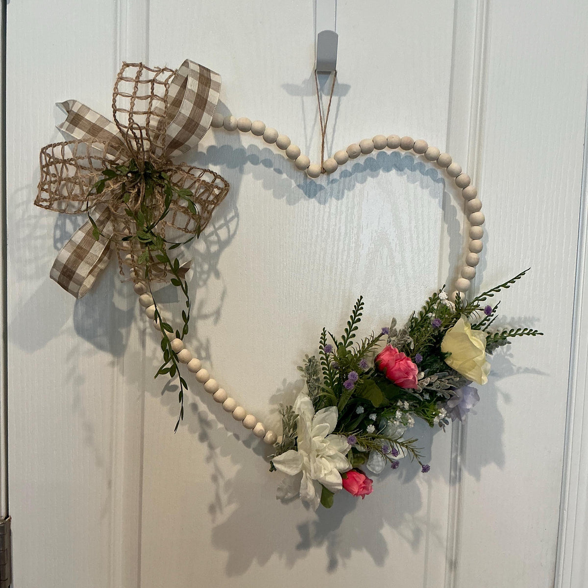 Handmade Heart Wreath, Wood Beads, Pastel Florals, Buffalo Plaid Bow, Farmhouse Door Hanger