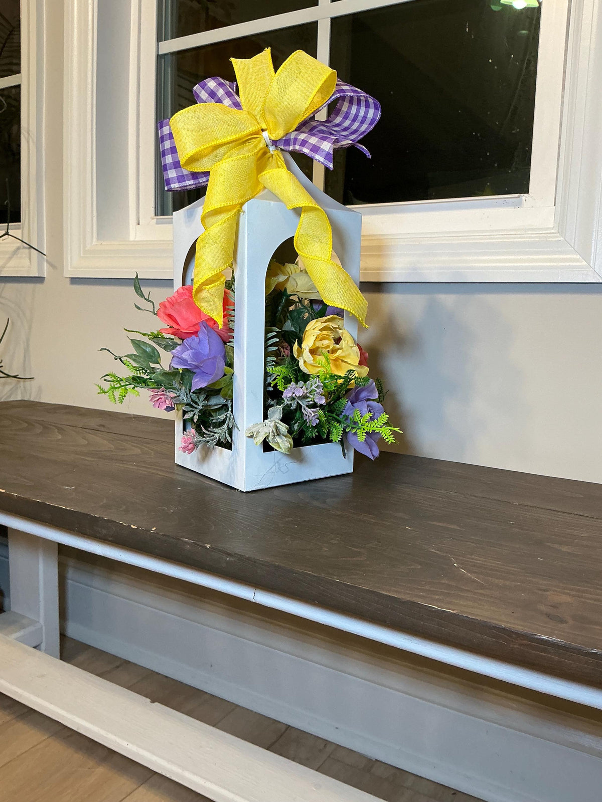 Handmade Floral Lantern Centerpiece, White Metal Yellow Roses, Purple Blooms Gingham Bow