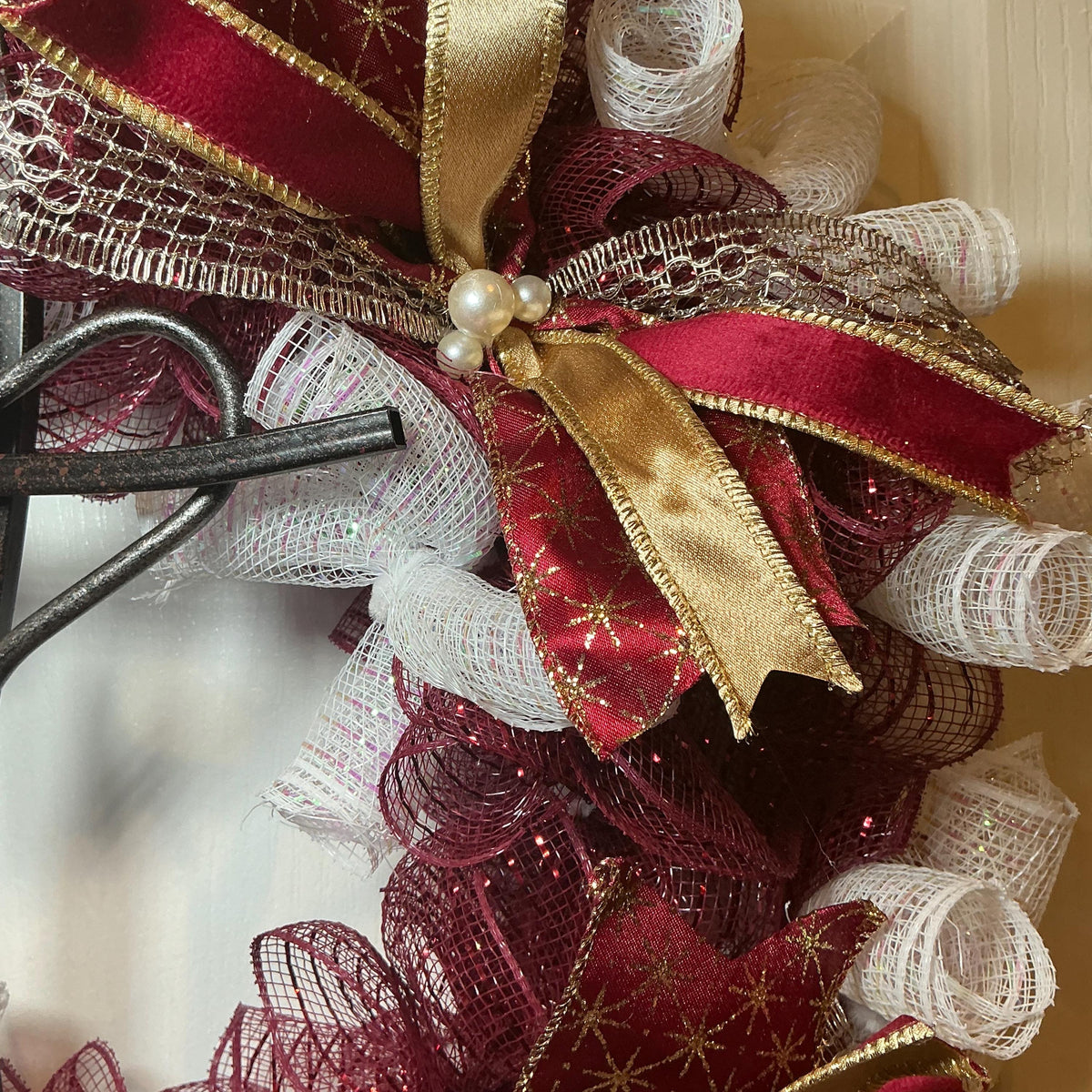 Burgundy Cross Wreath, Heart Cross Religious Accent, Christian Home Decor, Church Wall Hanging, Cranberry Gold Faith Wreath