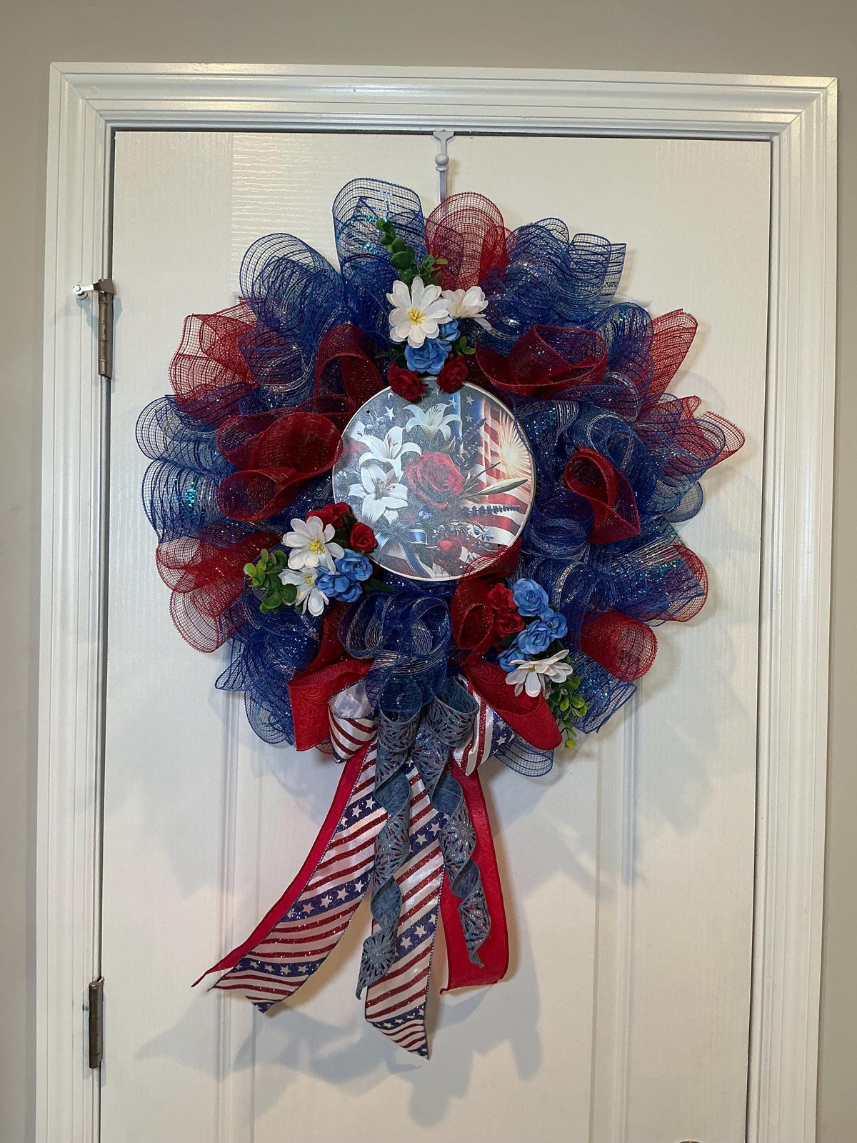 16 Inch Patriotic Floral Flag Wreath with Roses, Hydrangeas and Stars Stripes Bow