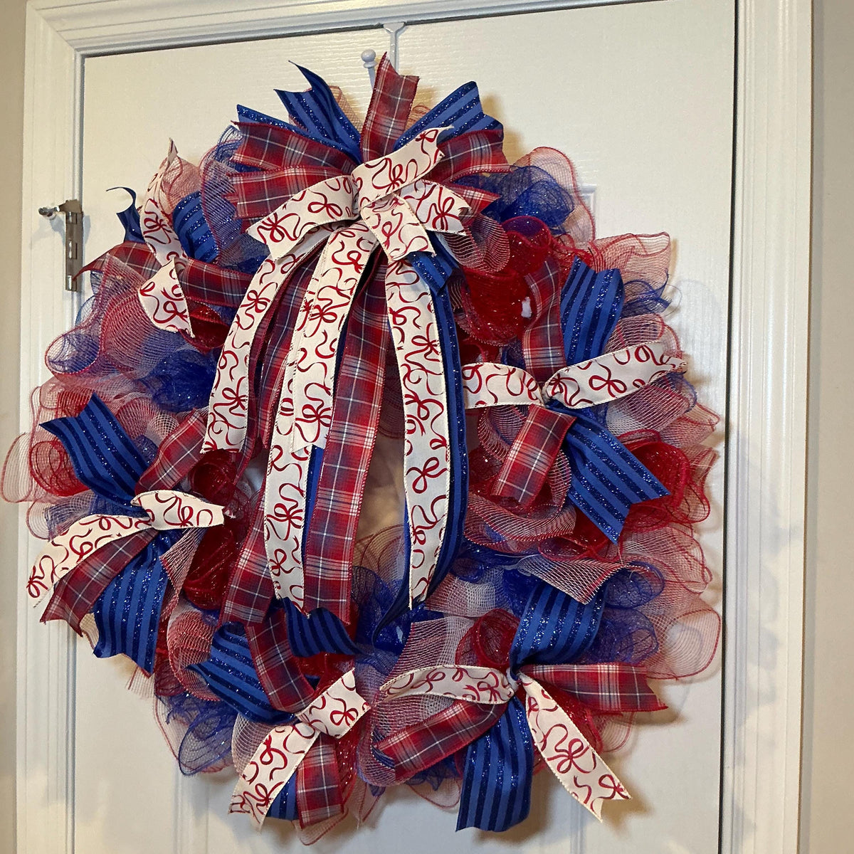 Red White Blue USA Wreath, Deco Mesh Fourth of July Front Door Decor, Americana Ribbon Bow