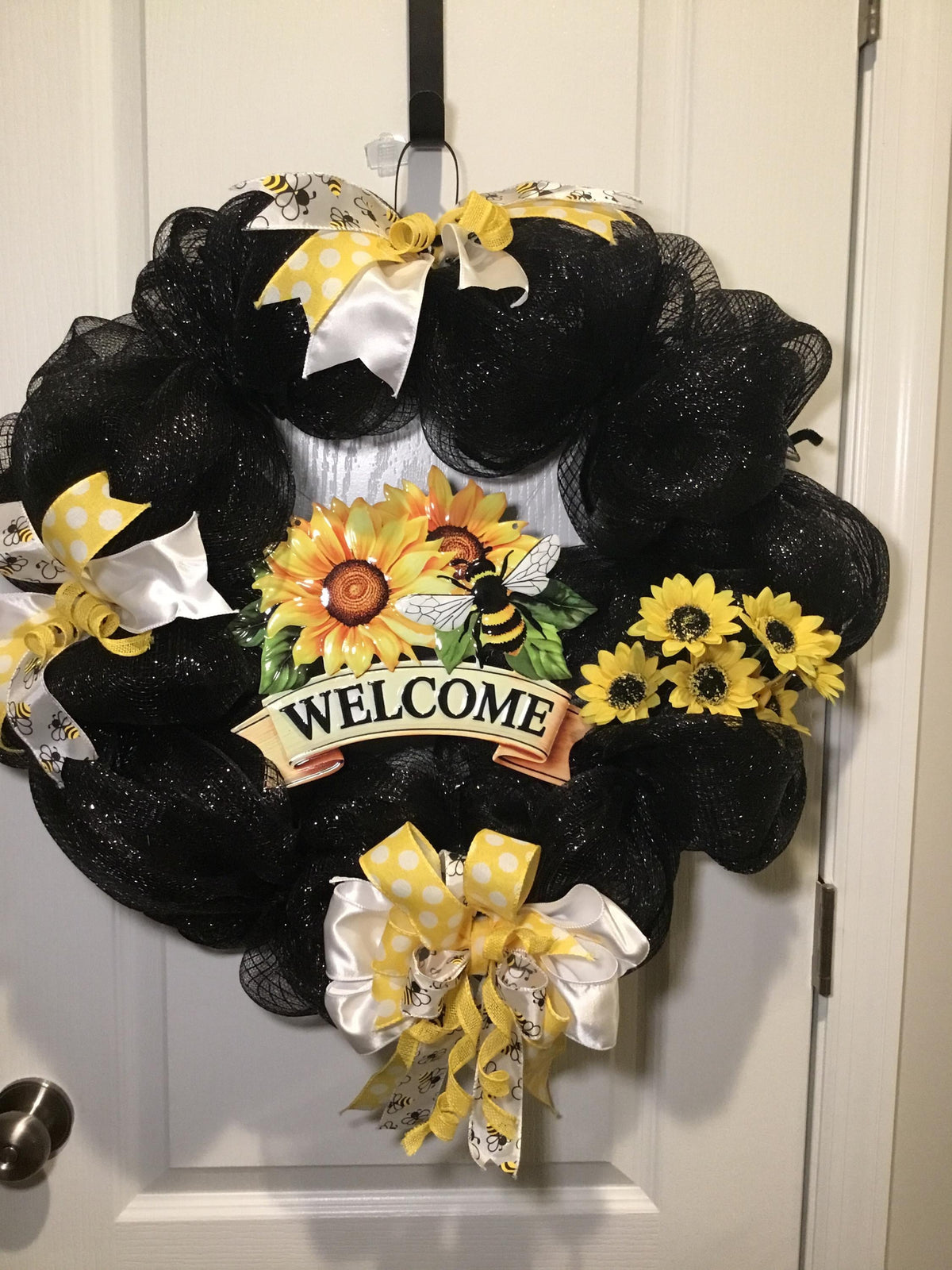 Sunflower Bee Welcome Wreath, Black Deco Mesh Front Door, Bee Decor, Welcome Sign” black mesh, sunflowers, yellow/white bows.