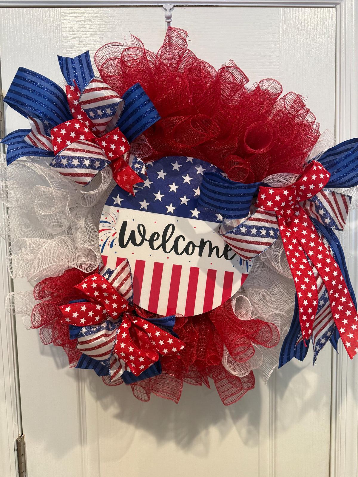 Handmade Americana Wreath, Red White Blue Welcome Sign, Independence Day Decor