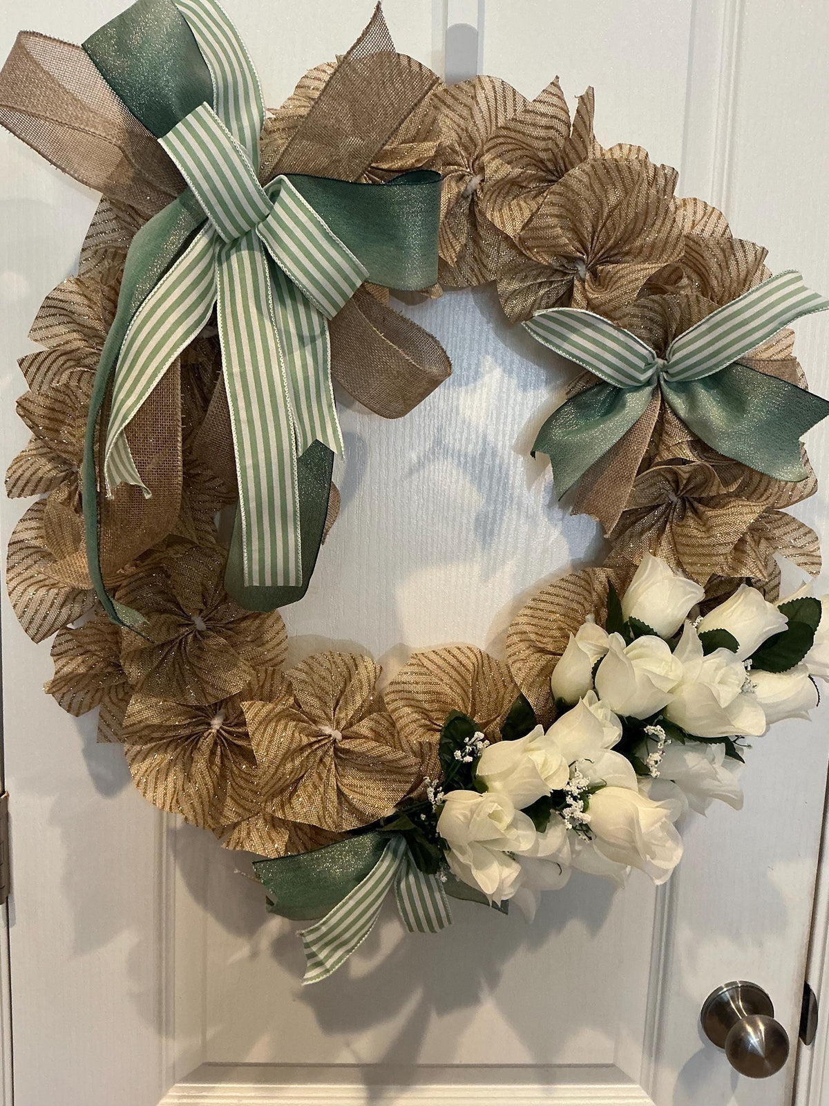 20 Inch Gold Burlap Rosette Wreath with White Roses and Sage Green Bow