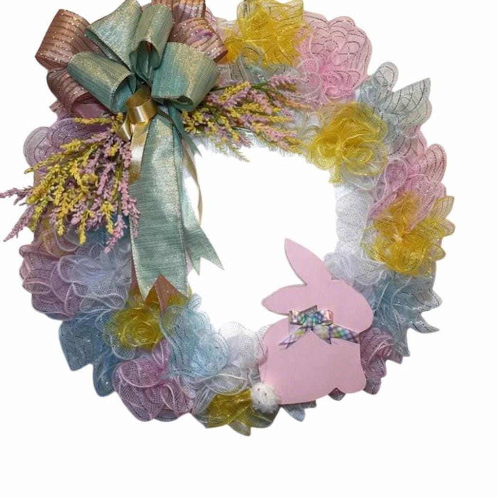 Pastel Easter Bunny Mesh Wreath ,Pastel Spring Front Door Decor, Farmhouse Easter Door Hanger