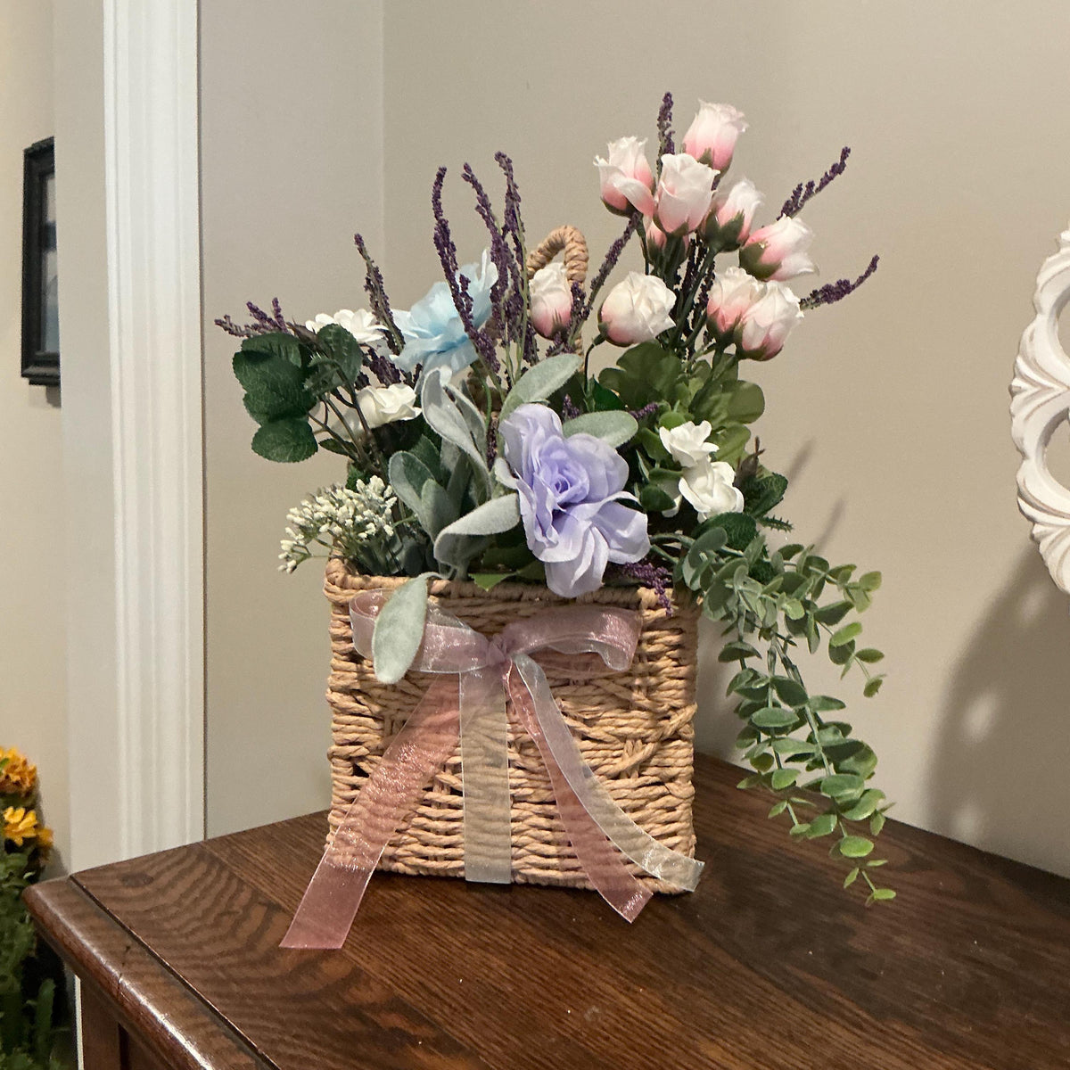 Pink Rose Lavender Centerpiece, Wicker Basket Floral Arrangement, Periwinkle Hydrangea, Farmhouse Table Decor