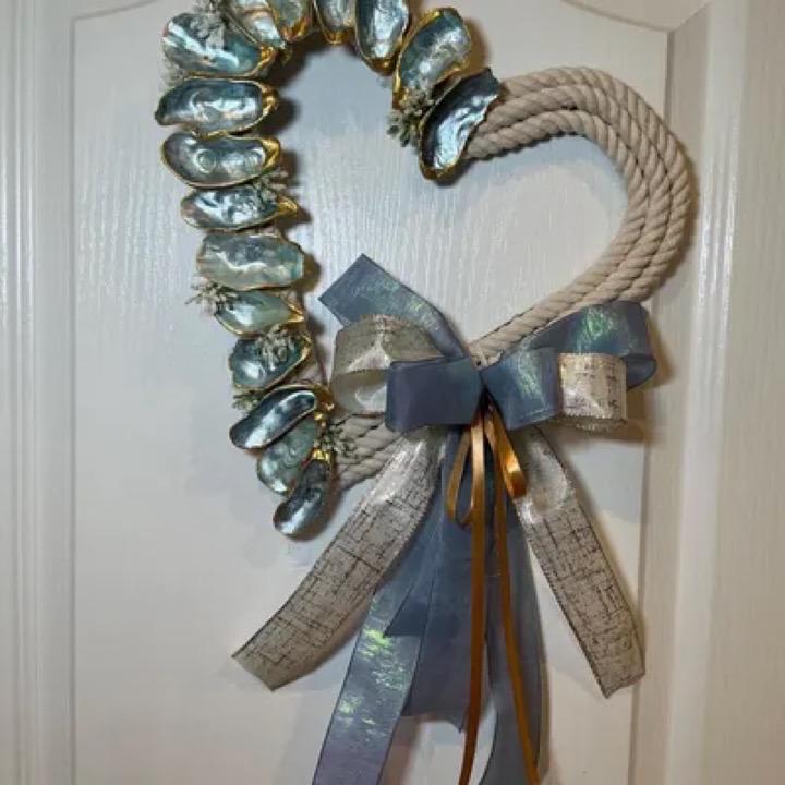 Heart Shaped Oyster Shell Wreath with Rope, Coastal Beach Wall Decor