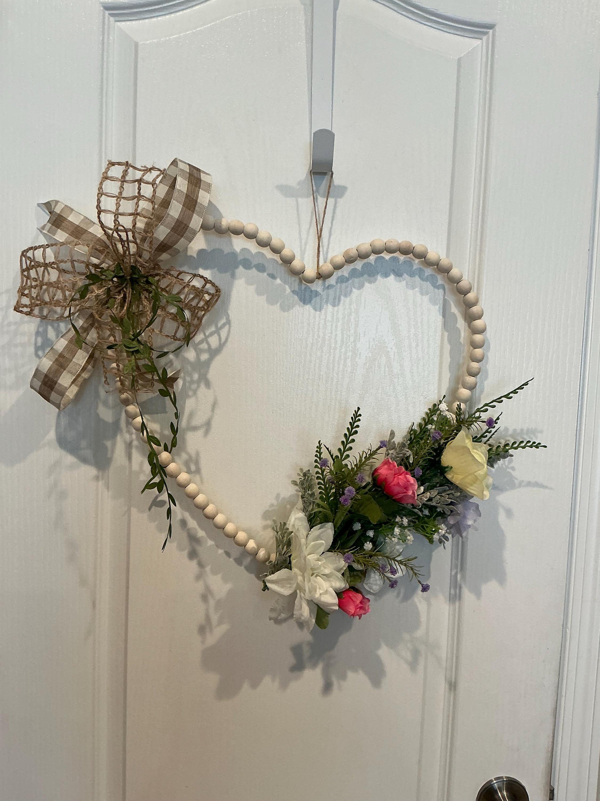 Handmade Heart Wreath, Wood Beads, Pastel Florals, Buffalo Plaid Bow, Farmhouse Door Hanger
