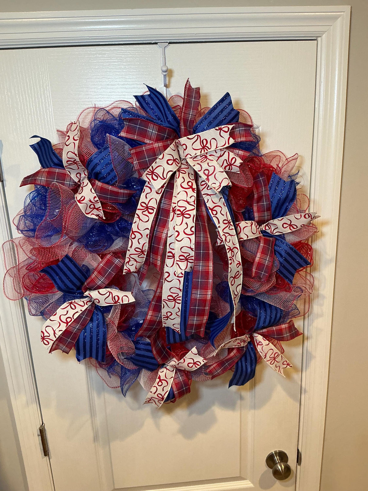Red White Blue USA Wreath, Deco Mesh Fourth of July Front Door Decor, Americana Ribbon Bow