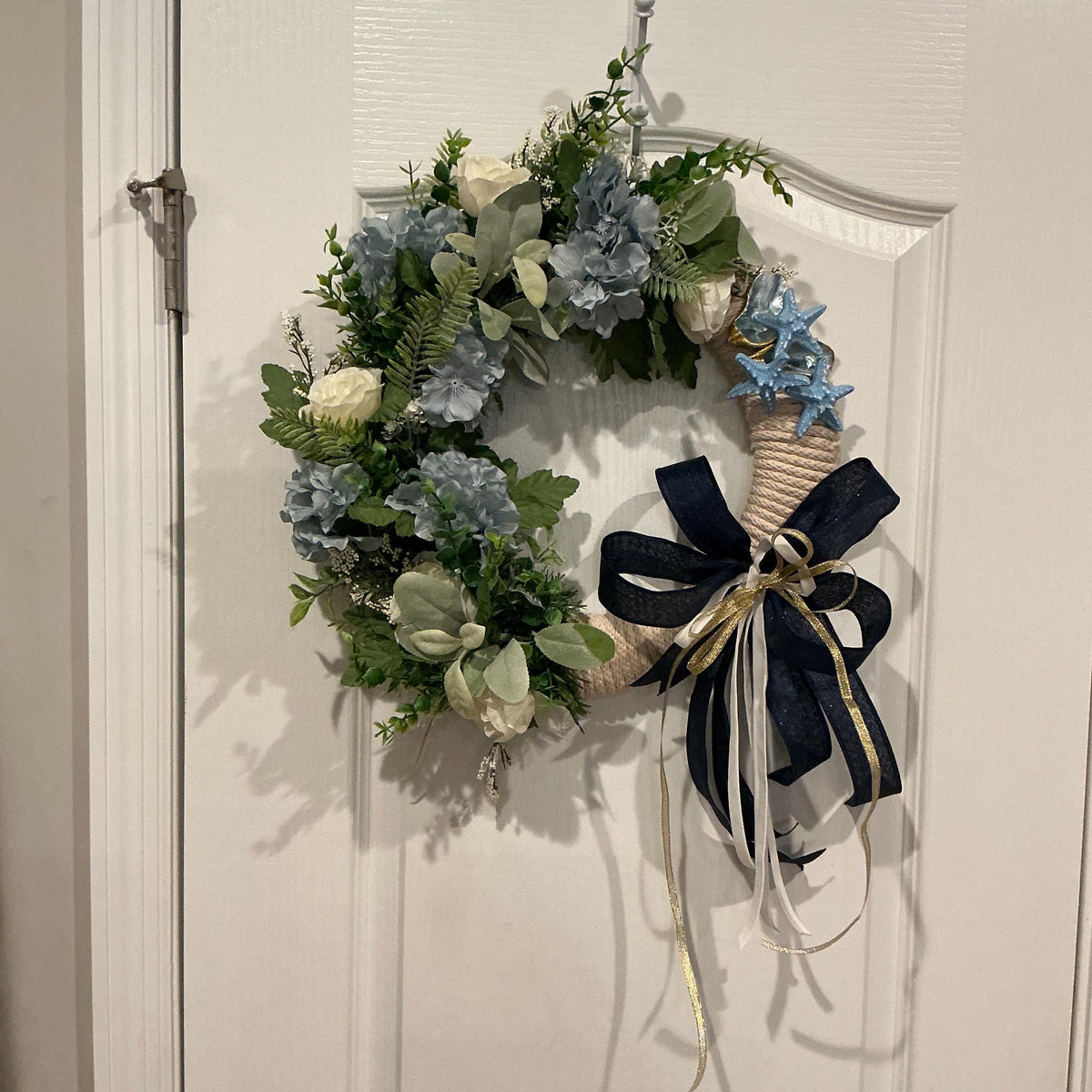 Oyster Shell Coastal Rope Wreath with Blue Hydrangea and Starfish, Nautical Door Decor