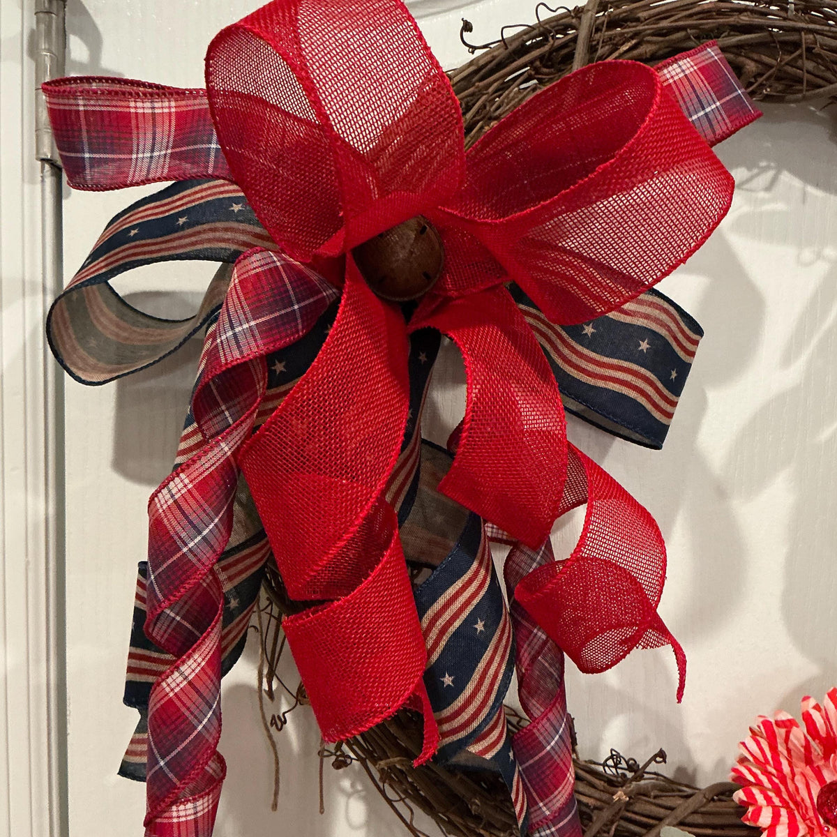 Grapevine Wreath, Patriotic Coastal Beach Decor, Seashells, Red Plaid Bow