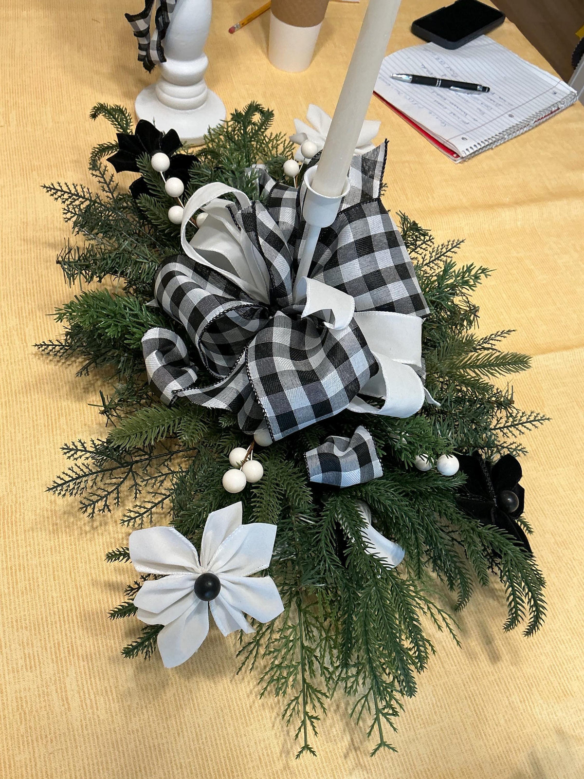 Buffalo Check Centerpiece, Farmhouse Table Decor, Handmade Ribbon Flowers, Black White Candle Holder