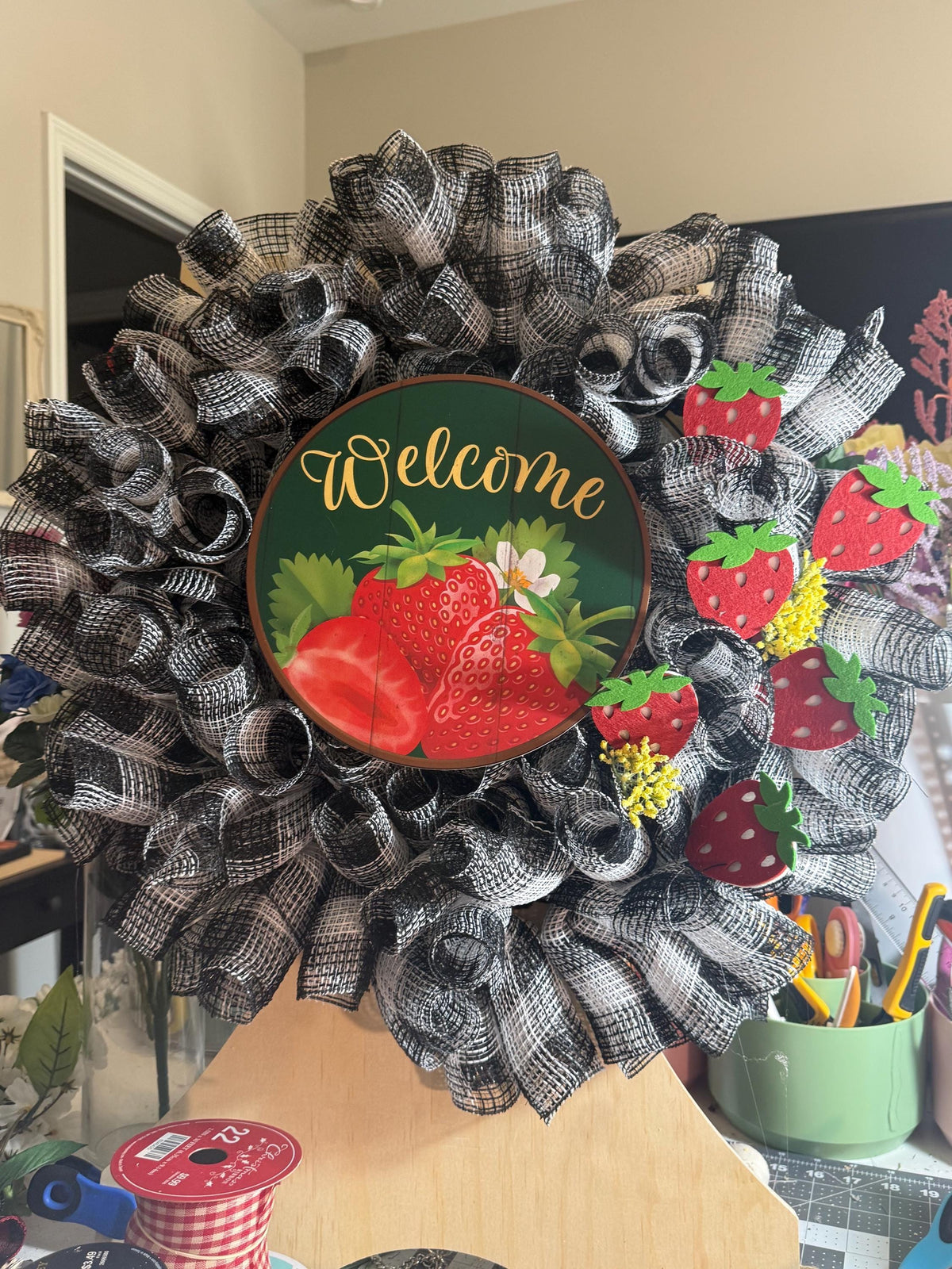 Strawberry Welcome Wreath with Buffalo Check Mesh, Storm Door Friendly Farmhouse Decor