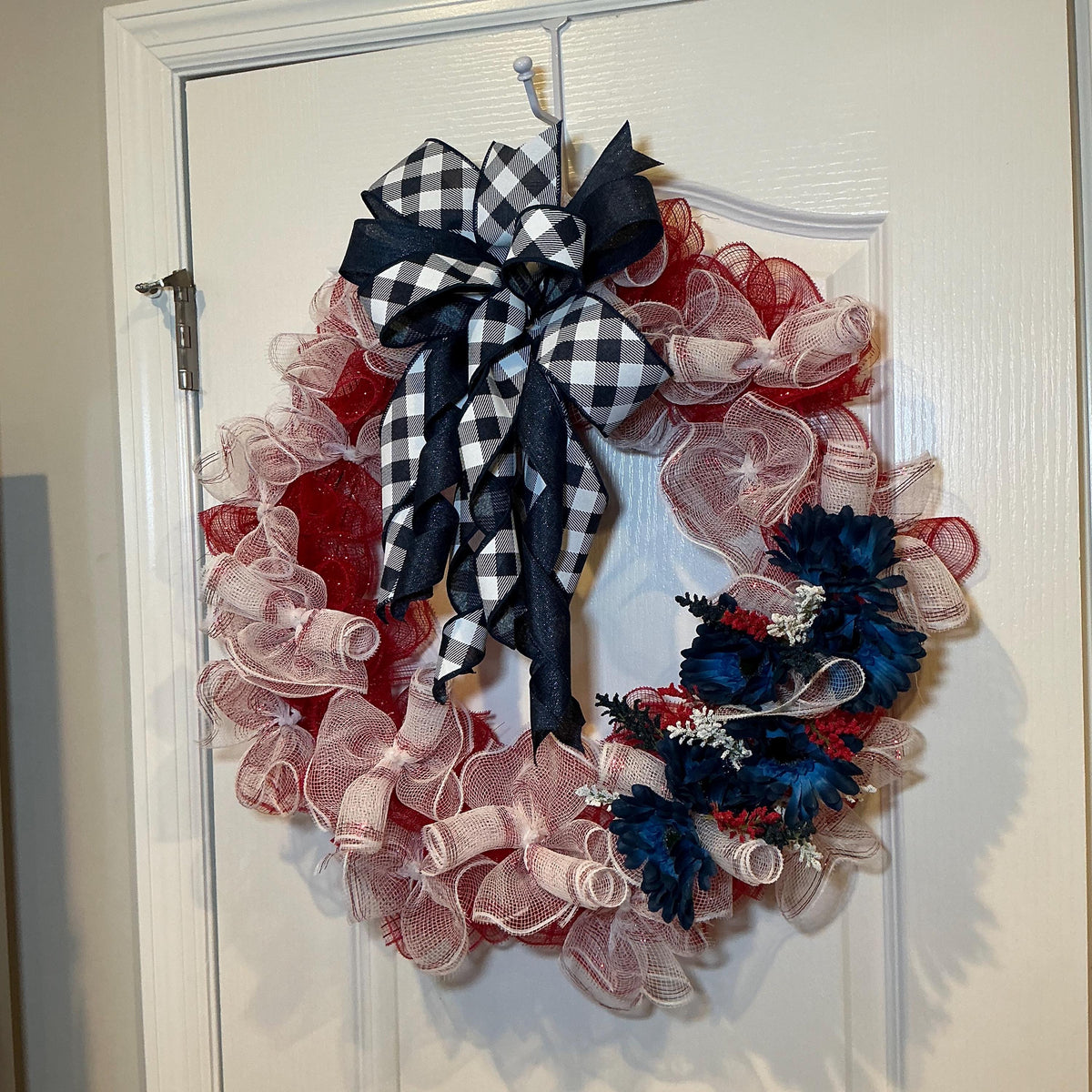 Buffalo Check Bow Wreath, Navy Daisy Red White Blue Deco Mesh, Fourth of July Americana Decor